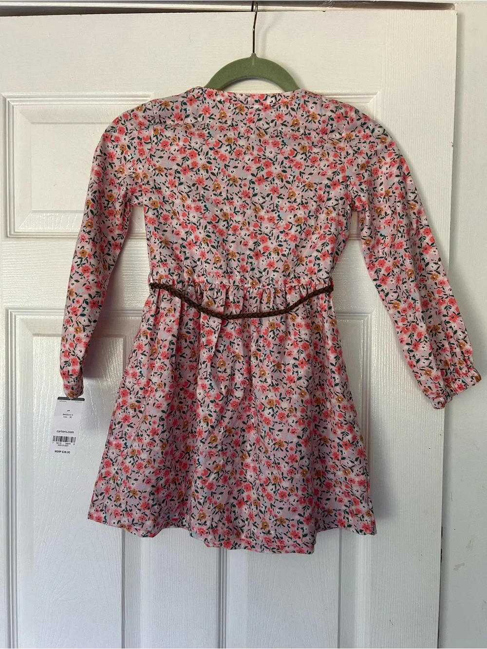 Carter’s Kid Girls Size 6/6X Pink Floral Long Sleeve Belted Dress NWT